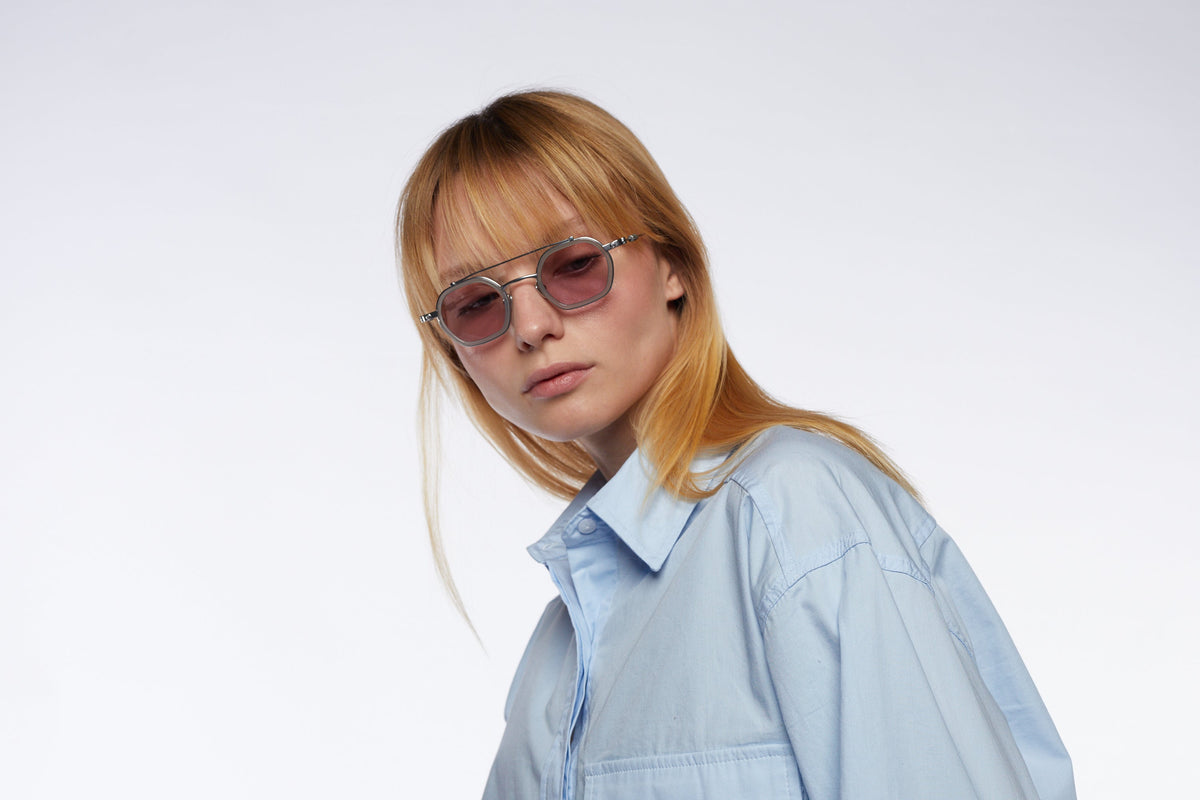 Artus DAN Matte Silver / Milky Grey titanium and acetate sunglasses — Light Purple, temple detail